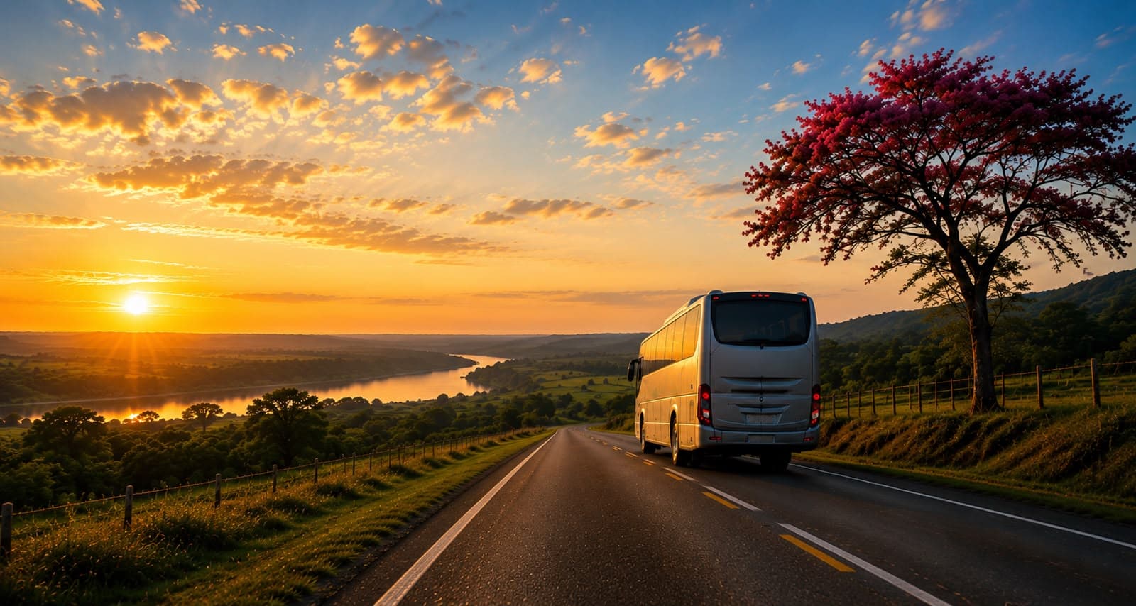Ómnibus recorriendo una ruta paraguaya al atardecer, junto a un lapacho en flor